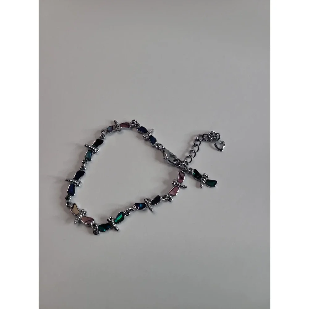 Silver Tone Multi Color Dragonfly Link Bracelet Nature Colorful Boho